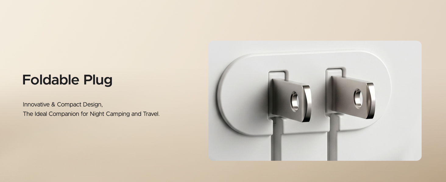 Foldable plug design with fire-resistant casing and stable circuitry for secure outdoor camping use.
