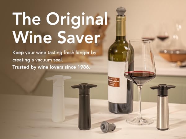 Original Vacu Vin Wine Saver pump with two gray vacuum stoppers for preserving opened wine bottles