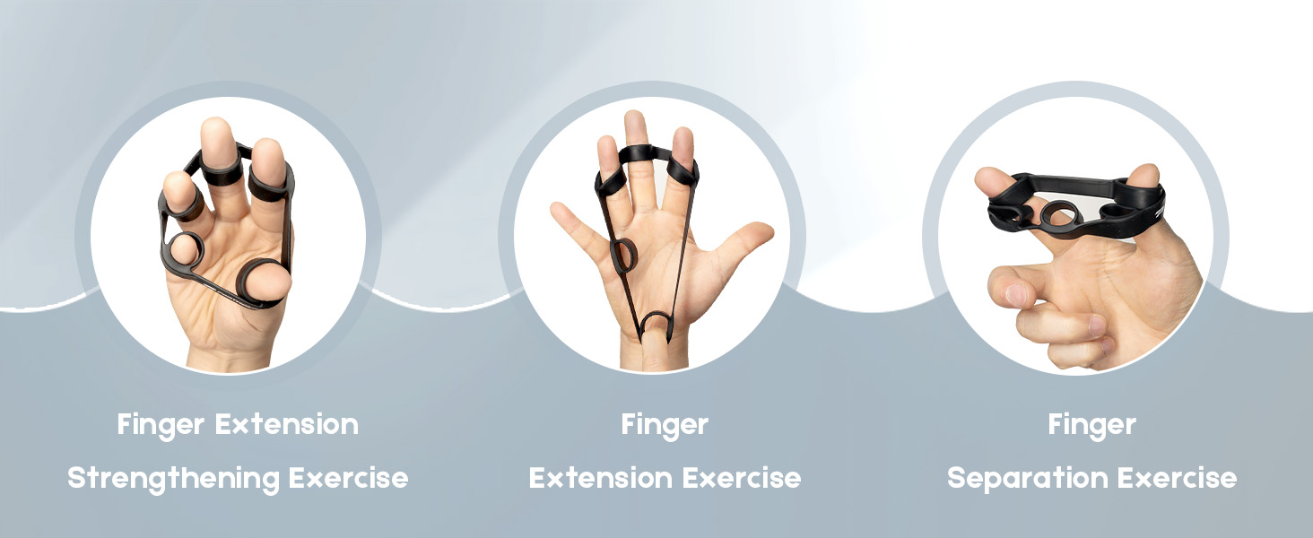 Three circular images showing hand exercises: finger extension with rubber bands, finger stretching, and finger separation using a small device.