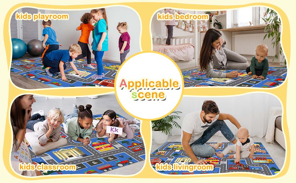 Kids Playroom Rug app has four different scenarios - playroom, bedroom, classroom, living room.