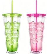 Sursip 32oz Clear Cups with Lids and Straws, Reusable Iced Coffee Tumblers | BPA Free Acrylic Pla...