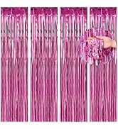 BTSD-home 4 Pack Pink Fringe Curtain, Metallic Photo Booth Backdrop Tinsel Door Curtains for Wedd...