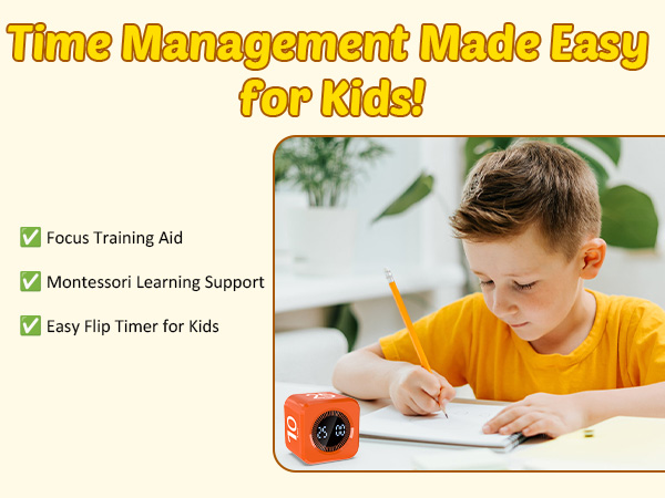 Text reads 'Time Management Made Easy for Kids!' Educational product showing child studying at desk with focus training aid and learning support tools.