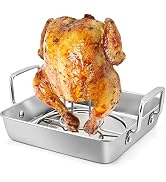 TeamFar Roasting Pan with Beer Can Chicken Holder, Drip Pan for Oven-2PCS | Stainless Steel Squar...