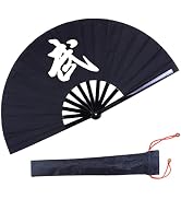 Folding Fan Black-Large Hand Fan Chinese Kung Fu Tai Chi Plastic-Nylon Hand Held Folding Fans for...