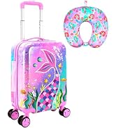 Sweet Pink Mermaid Kids Luggage with Wheels: Airline-Approved Carry On 2PC Suitcase Set for Girls...