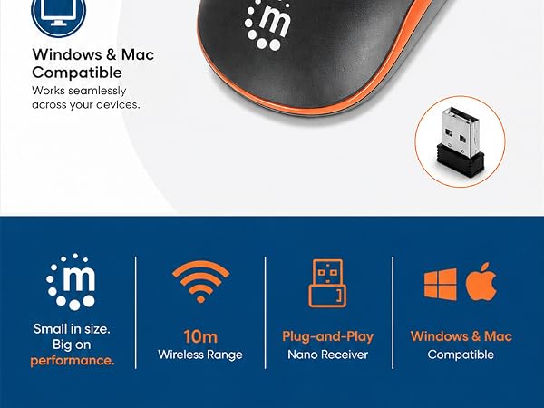 2.4GHz RF technology offers wireless freedom with effective range up to 10 m (33 ft.)