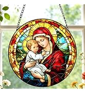 Virgin Mary Stained Glass Sun Catcher, Christian Suncatchers Window Hanging Madonna and Christ Ch...