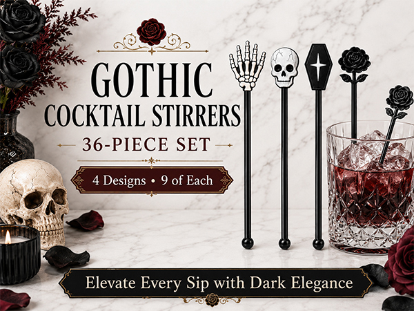 36-Piece Halloween Cocktail Stirrers, 7.1 in, 4 Gothic Designs for cocktails,punch and party bars