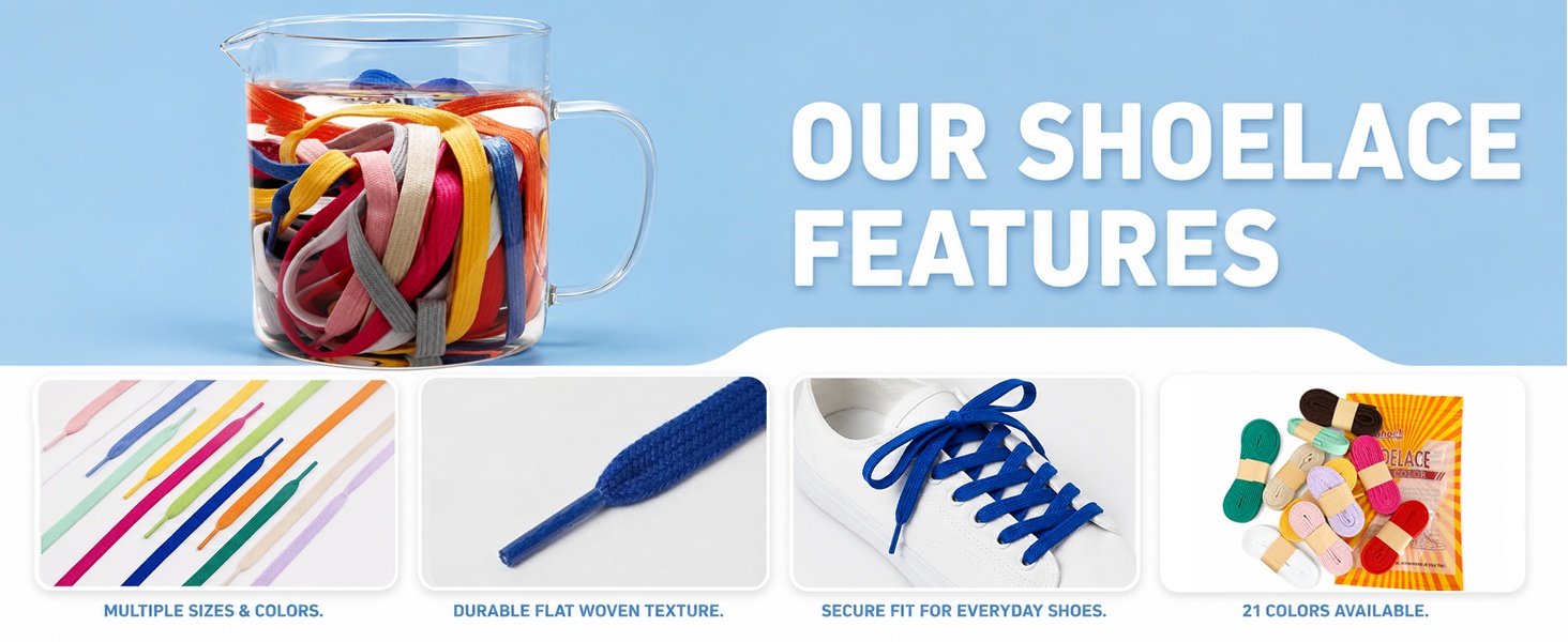Aiahoel shoelace features: multiple sizes, 21 colors, durable flat woven texture, secure fit.