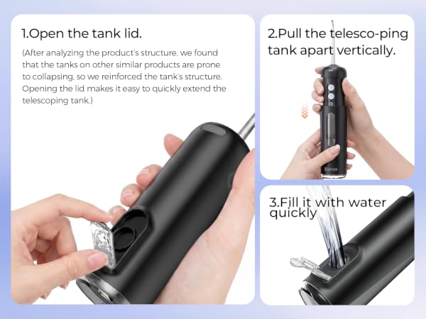 Text reads "1.Open the tank lid", "2.Pull the tobacco string here apart vertically", "3.Fill it with water regularly". Black cylindrical device with three instructional panels showing hand demonstrations of opening, pulling, and water-filling operations.