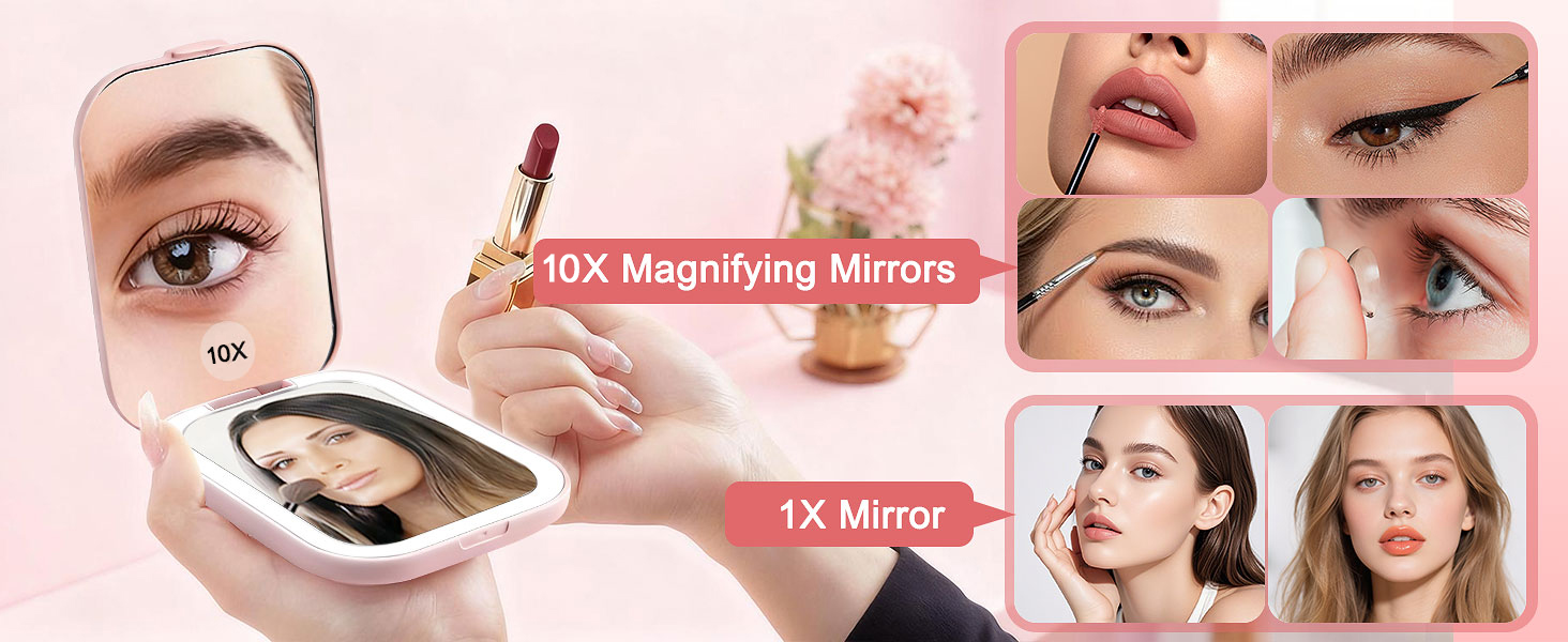 Text reads '10X Magnifying Mirror'. Product demonstration showing compact mirror usage with multiple views showing application and results.