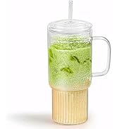 MINGHYZYA 32oz Glass Cups with Handle Lids and Straws, Borosilicate Glass Tumblers for Iced Coffe...