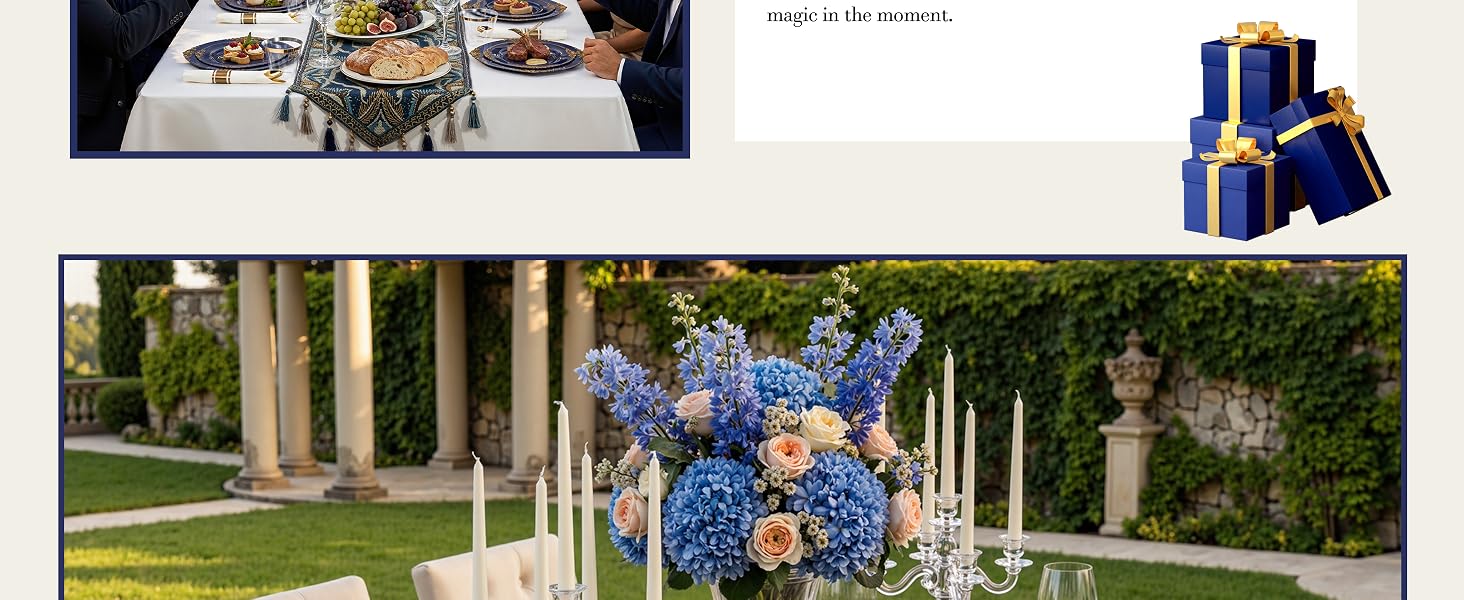 blue and gold plates