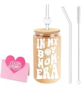DAMCONME Gifts for Mom from Son – In My Boy Mom Era 16oz Glass Cup with Lid and Straw – Cute Iced...