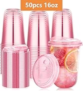 KesaPlan 50 Pack 16 oz Pink Plastic Party Cups with Sip Lids, Disposable Iced Coffee Cup with Lid...
