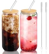 DAMCONME Glass Cups with Lids and Straws Set of 2 - Iced Coffee Cups with Lids for Cold Brew and ...