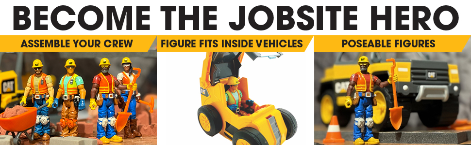 four cat construction vehicle action figures with a skid steer and truck toy, shovels, wheelbarrow