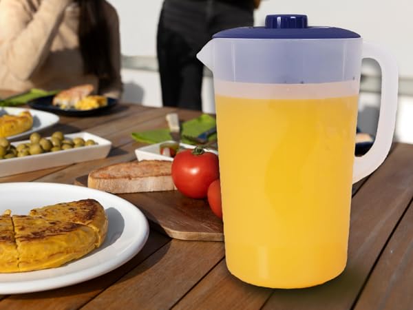 One-gallon plastic pitcher with easy-pour spout and handle, BPA-free and phthalate-free material.