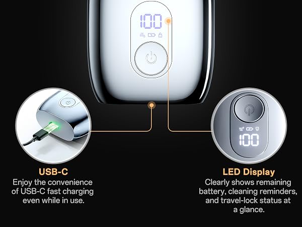 Clearly shows remaining battery, cleaning reminders, and travel-lock status at a glance USB-C Charge