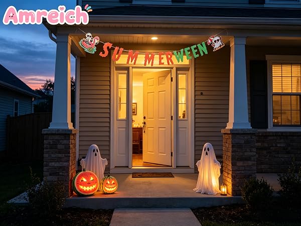 Doorway banner with jack-o'-melon and ghost, warm night welcome.