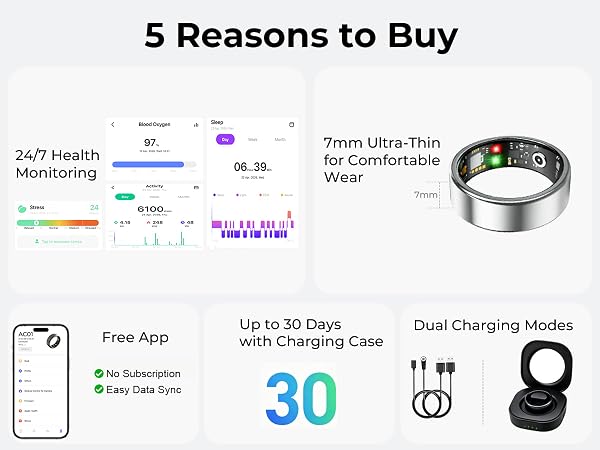 Smart rings for men and women with thin design, fitness tracking and free app.