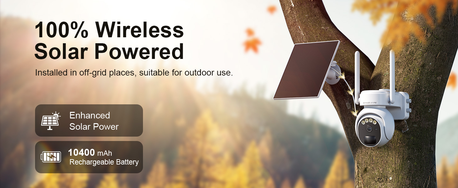 Outdoor security camera wireless receives sunlight and charges battery with solar panel