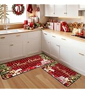 Merry Christmas Xmas Trees Red Buffalo Plaid Kitchen Rugs Set of 2, Winter Home Decor Low-Profile...