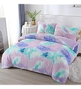PERFEMET Purple Long Faux Fur Plush Comforter Twin 3-Piece Colorful Rainbow Fluffy Shaggy Girls B...