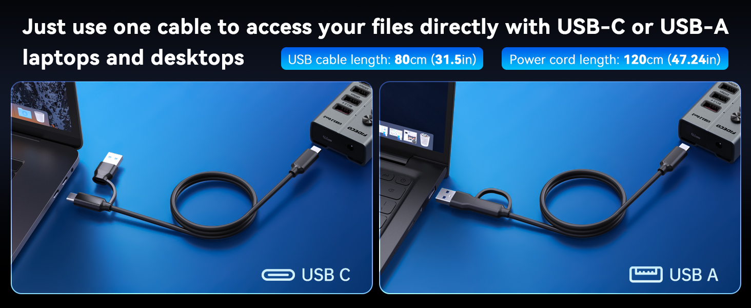 Text reads 'Just use one cable to access your files directly with USB-C or USB-A laptops and desktops' with specifications showing 'USB-C to USB-A' and 'USB-A to USB-C'. Two USB cables displayed against blue background.