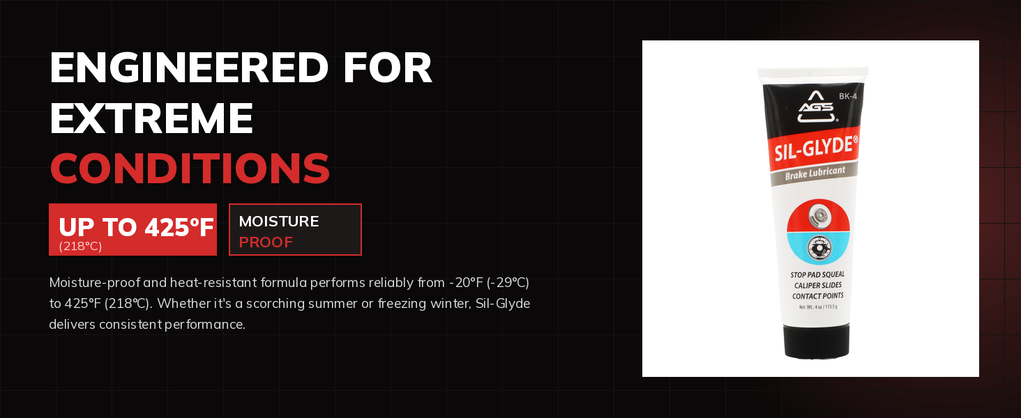 Sil-Glyde brake lubricant rated up to 425 degrees Fahrenheit on a dramatic dark red background.