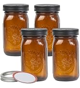 Yodecy 4 Pack 32 oz Amber Wide Mouth Mason Jars with Airtight Lids and Black Plastic Mason Jar Li...