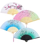 Aneco 4 Pieces Folding Fans Bamboo Handheld Fans Silk Fabric Fans Hand Holding Fans for Wedding, ...
