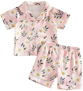 Kuriozud Toddler Baby Girl Pajamas Set Summer Floral Short Sleeve Button Down Shirt Top and Short...