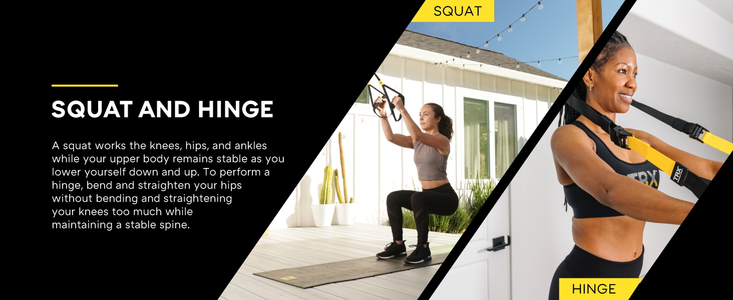 Two people doing full-body workouts. Text reads: Squat and hinge.