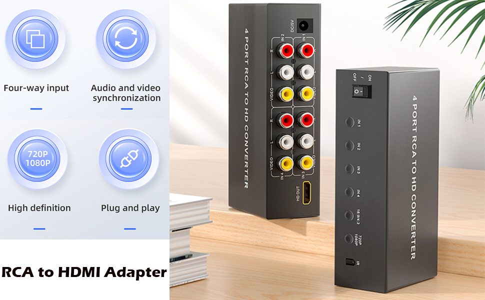 RCA to HDMI Adapter with multiple input ports. Features include four-way input, audio/video synchronization, high definition support, and plug-and-play functionality. Device shown from two angles on desk.
