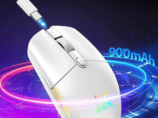 White wireless computer mouse with illuminated scroll wheel and base. Features 900mAh battery capacity. Charging via USB-C port with blue light indicator.