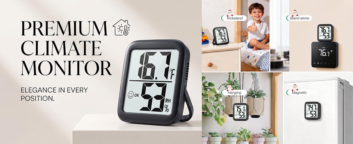 Indoor digital thermo-hygrometer with 4 mounting options to track temp & humidity.