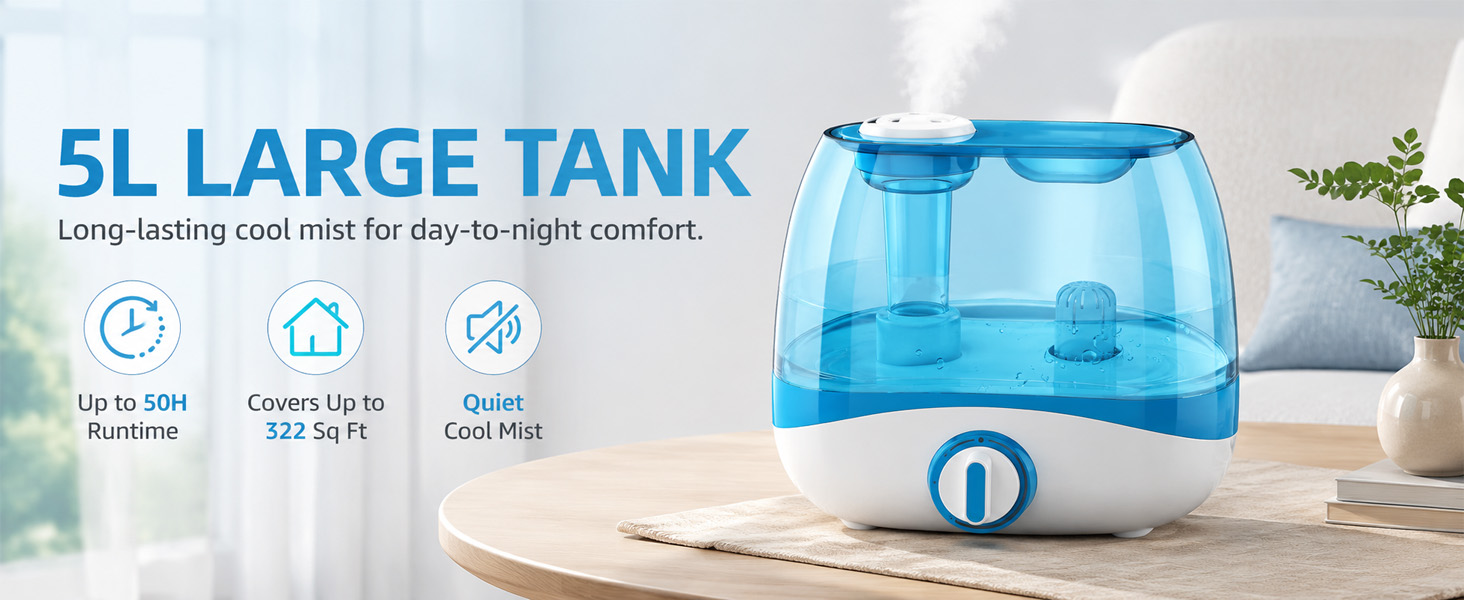 5L cool mist humidifier with long runtime and quiet operation on a table