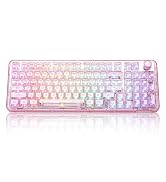 Pink mechanical gaming keyboard with RGB backlighting shown from multiple angles, featuring translucent keycaps and full-size layout.