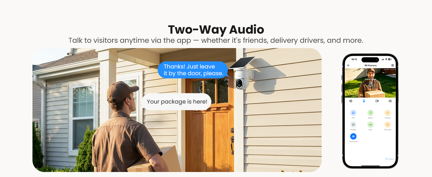 Text reads 'Two-Way Audio'. Smart home security system interface showing exterior house camera view on left, mobile app on smartphone displaying live feed and controls on right, demonstrating two-way communication feature.
