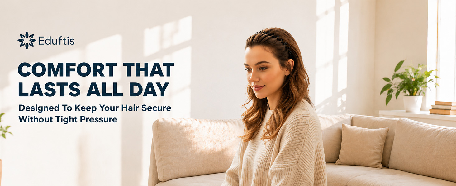 Metal headband worn in a modern home, offering secure hold and comfortable everyday styling.