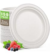 Gezond 100% Compostable Paper Plates 7 Inch, 150pcs Disposable Heavy-Duty Plates Unbleached Biode...