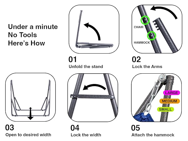 Five-step no-tool guide for assembling a portable hammock with stand