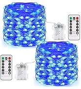 JMEXSUSS 2 Pack 66ft 200 LED Blue Fairy Lights Battery Operated, Christmas Fairy Lights with Remo...