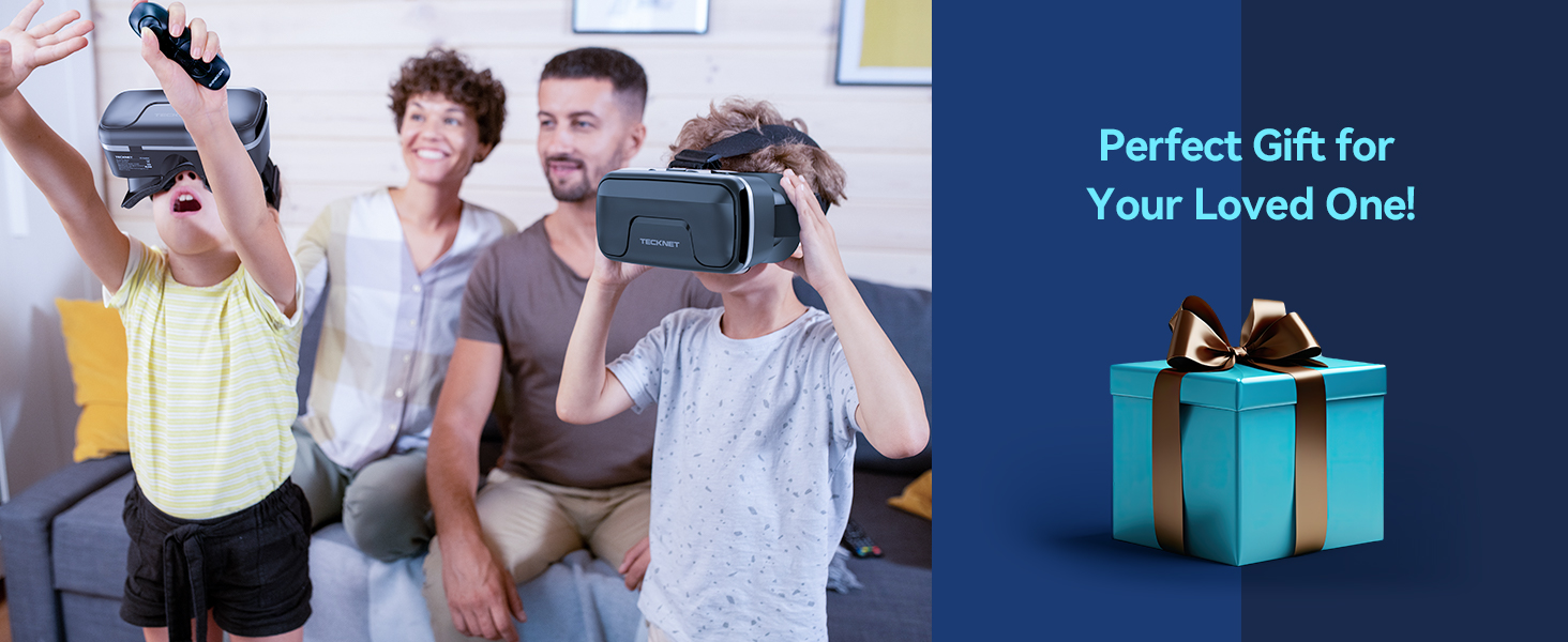 a boy wearing a virtual reality headset with his family in the background.