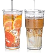 AUFXKOO 20oz Ribbed Glass Coffee Cups,2PCS Glass Cups with Lid and Straw,Vintage Iced Coffee Cups...