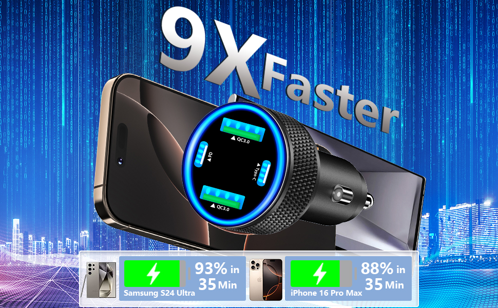 90W Dual USB-C & USB-A Car Power Cigarette Lighter 4-Port PD/QC3.0 Type C Car Carplay Fast Charger