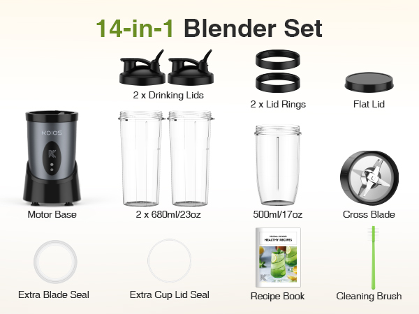 14-in-1 complete blender set with 3 cups and recipe book