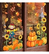 Whaline 6 Sheets Fall Window Clings Watercolor Sunflower Pumpkin Maple Leaf Scarecrow Reusable Wi...
